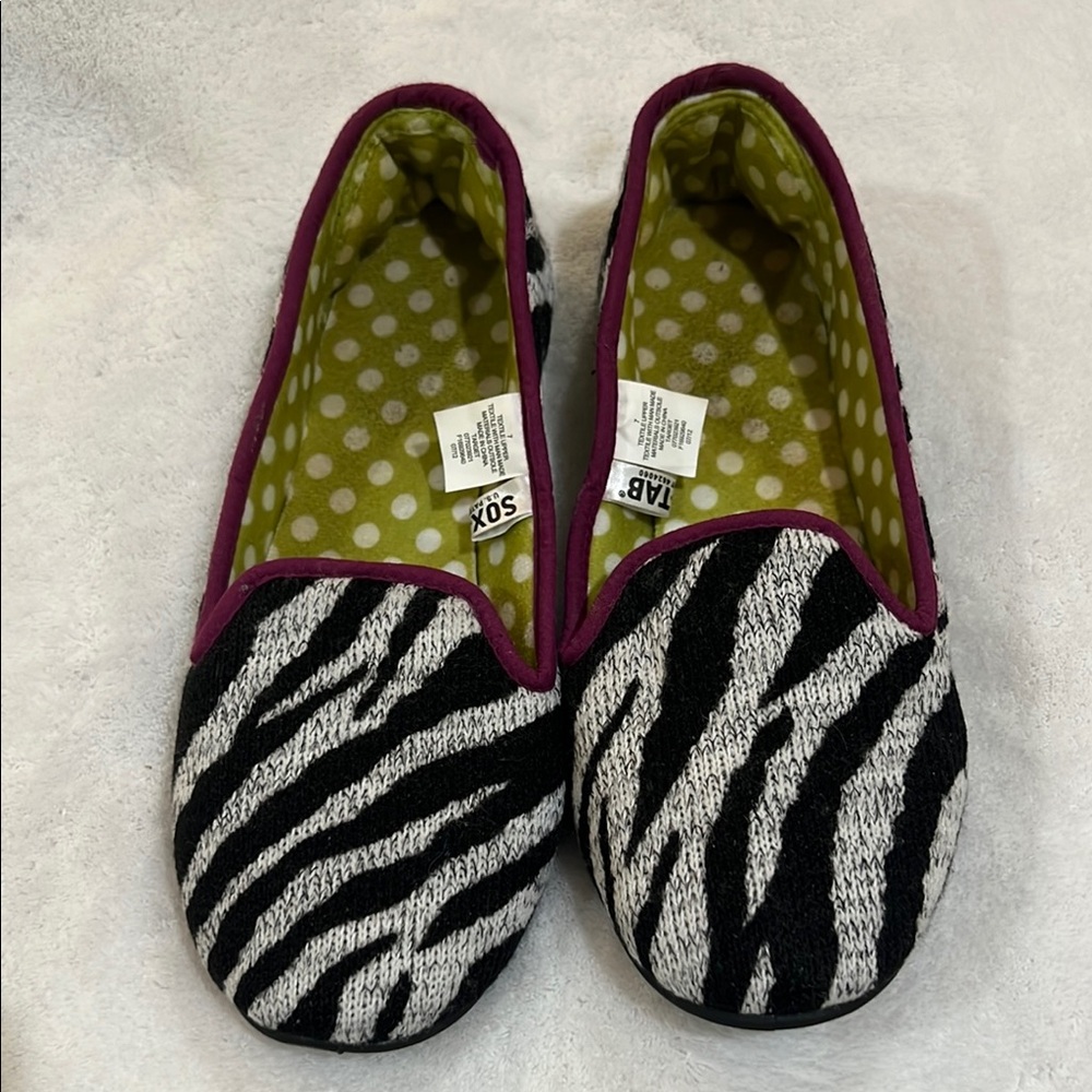 SO Zebra Print Slippers with Purple Trim